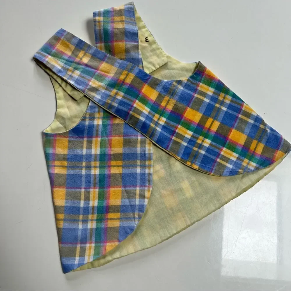 Vintage 1986 Bunny Embroidered Pastel Plaid Pinafore Overalls Cotton Apron Dress